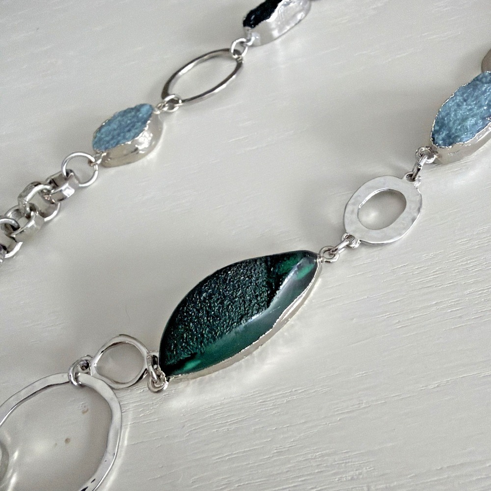 Chicos Blue And Green Stone And Silver Tone Metal Ring - Long Necklace 20-24" - Picture 10 of 11